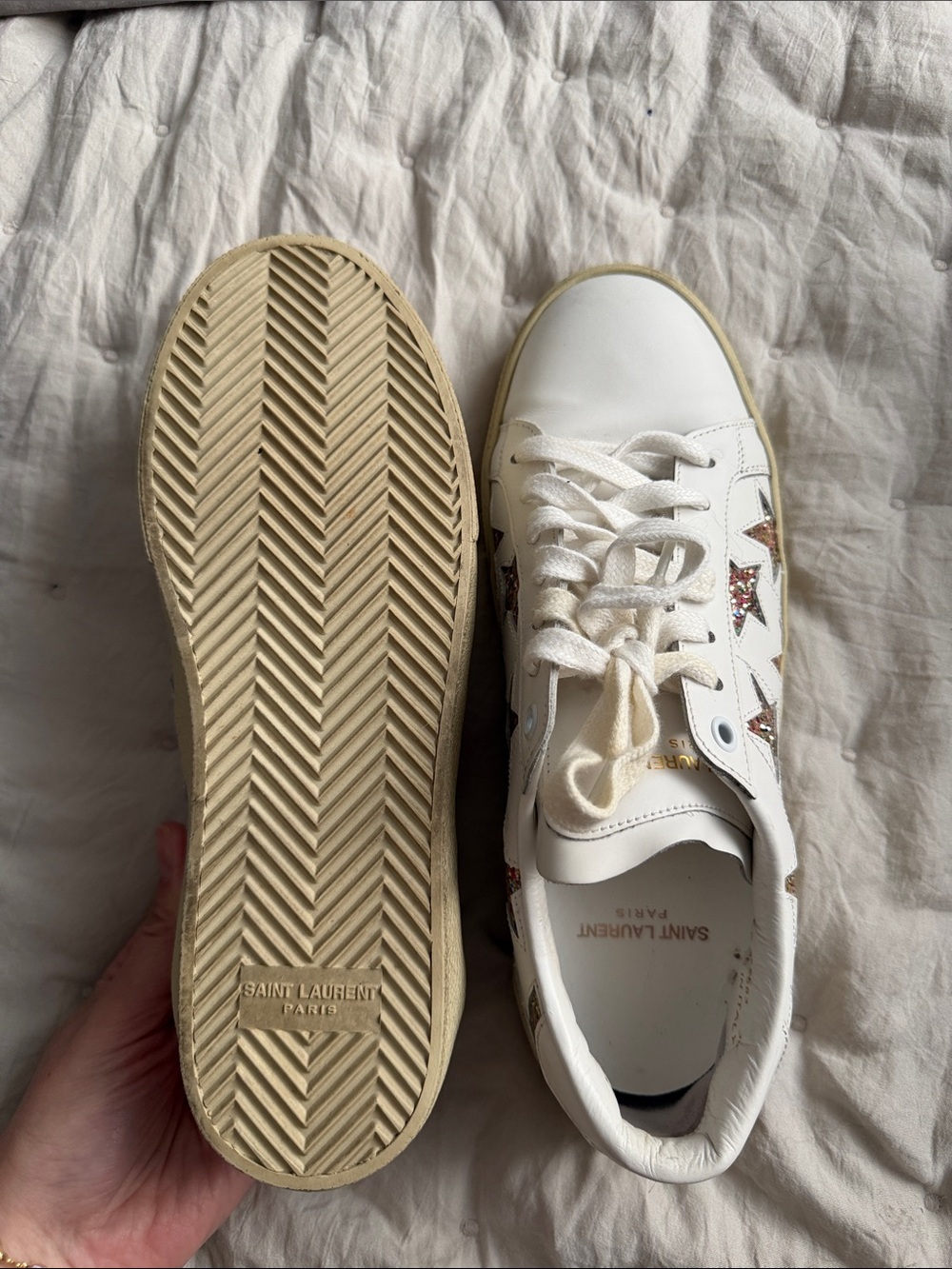 Saint Laurent White Leather Sneakers with Multicolor Glitter Star Accents - Picture 3 of 9